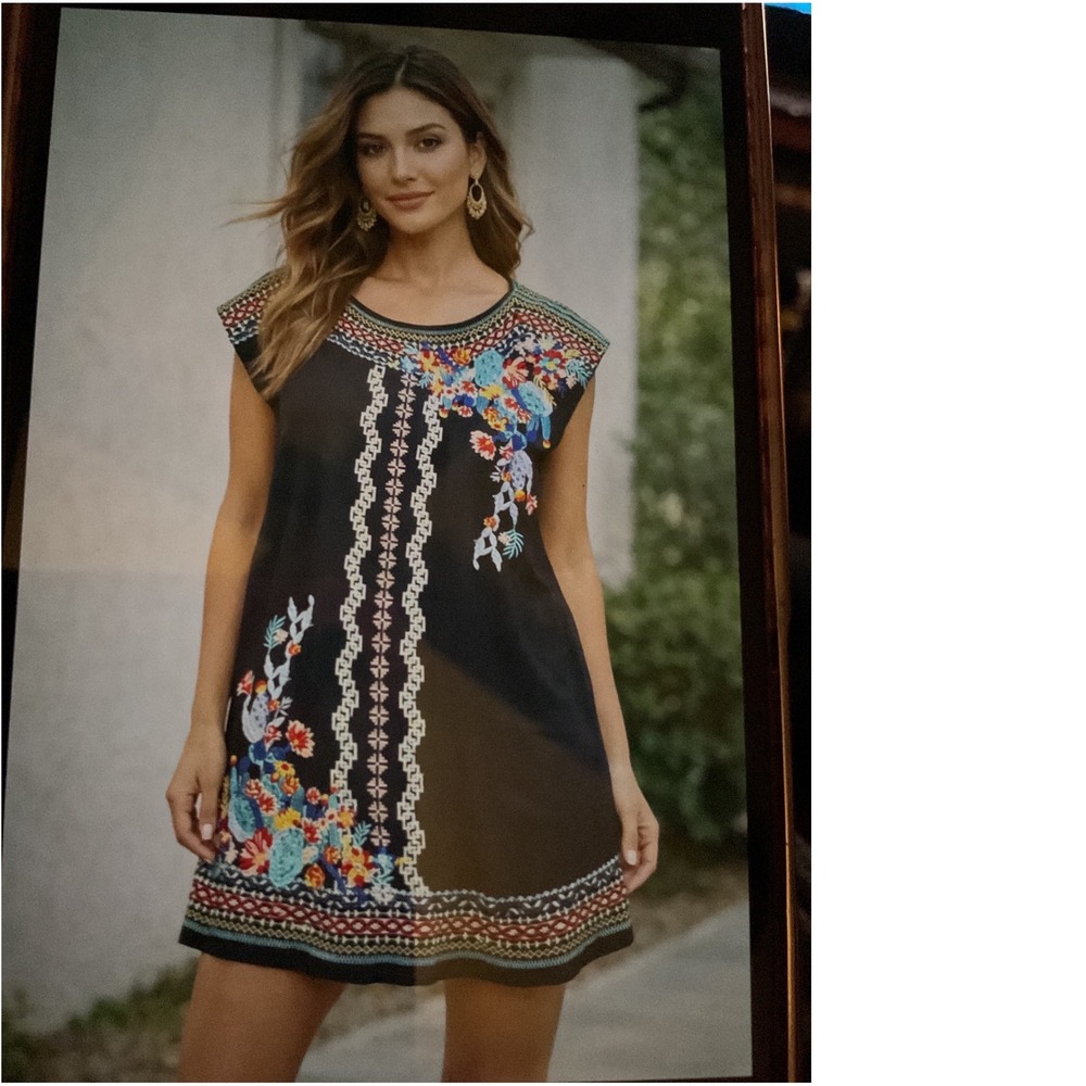 April Sky Embroidered Shift Dress Womens Medium Black EBoho Cactus K93579‎